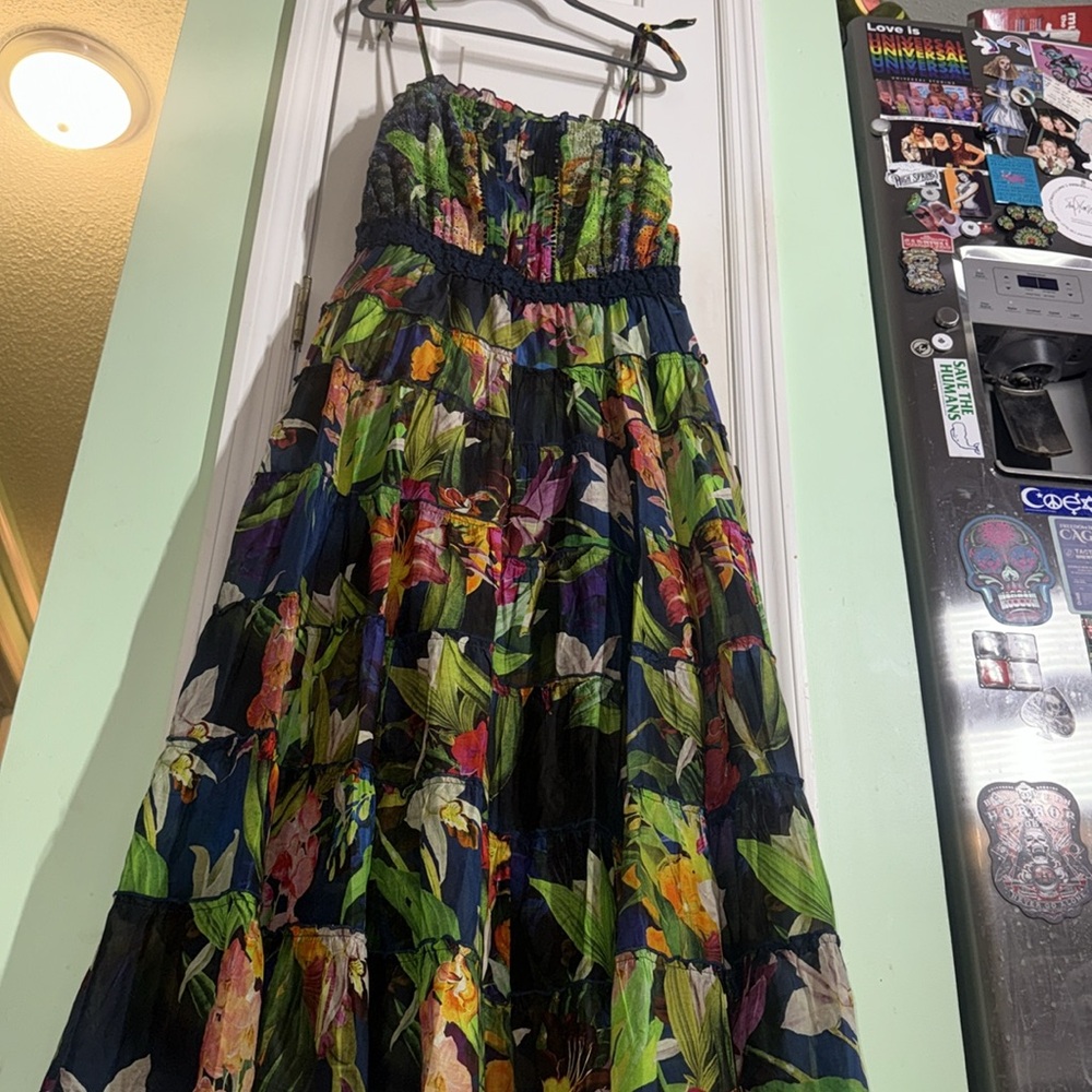 Guess Floral Print Kinsley Tiered Cotton Silk Boho Cottagecore Maxi Dress Size L - Picture 5 of 12